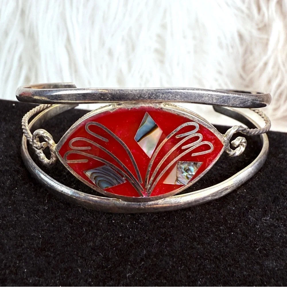 Beautiful silver signed Alpaca Mexico costume cuff, vintage bracelet